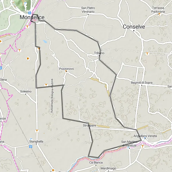 Miniature de la carte de l'inspiration cycliste "Parcours panoramique de Monselice" dans la Veneto, Italy. Générée par le planificateur d'itinéraire cycliste Tarmacs.app