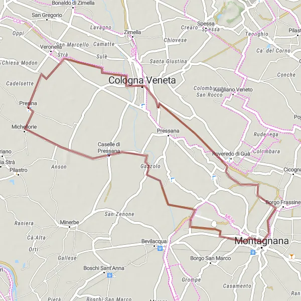 Miniature de la carte de l'inspiration cycliste "Exploration gravel autour de Villa Pisani" dans la Veneto, Italy. Générée par le planificateur d'itinéraire cycliste Tarmacs.app