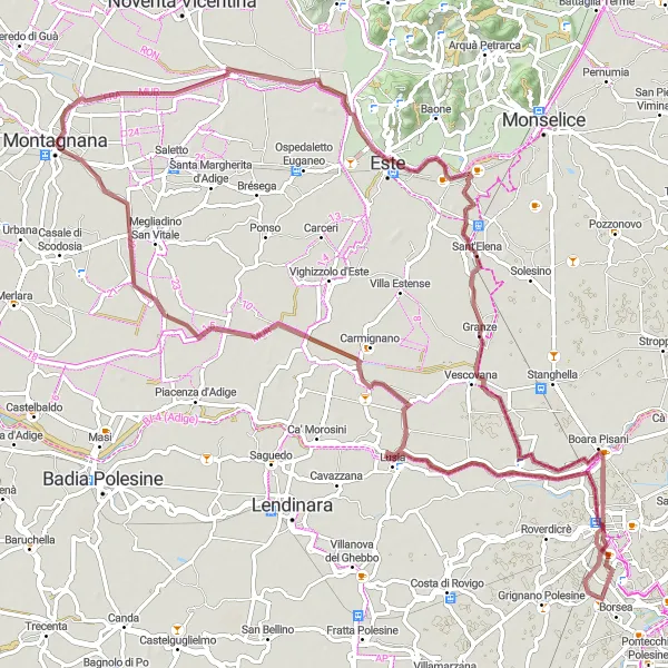 Miniature de la carte de l'inspiration cycliste "Parcours en gravel de Villa Pisani à Borgo Frassine" dans la Veneto, Italy. Générée par le planificateur d'itinéraire cycliste Tarmacs.app