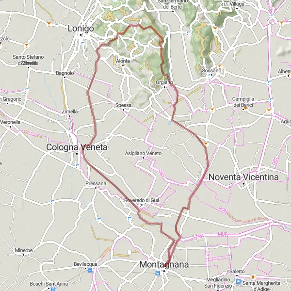 Kartminiatyr av "Opplev Montagnanas skjønnhet og historie på denne varierte ruten" sykkelinspirasjon i Veneto, Italy. Generert av Tarmacs.app sykkelrutoplanlegger