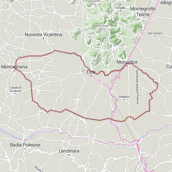 Map miniature of "Countryside Gravel Escape: Montagnana to Villa Pisani" cycling inspiration in Veneto, Italy. Generated by Tarmacs.app cycling route planner