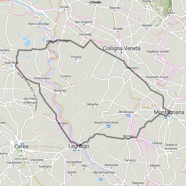 Miniatua del mapa de inspiración ciclista "Ruta escénica cerca de Montagnana" en Veneto, Italy. Generado por Tarmacs.app planificador de rutas ciclistas