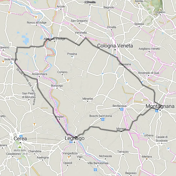 Map miniature of "The Adige River Ride" cycling inspiration in Veneto, Italy. Generated by Tarmacs.app cycling route planner