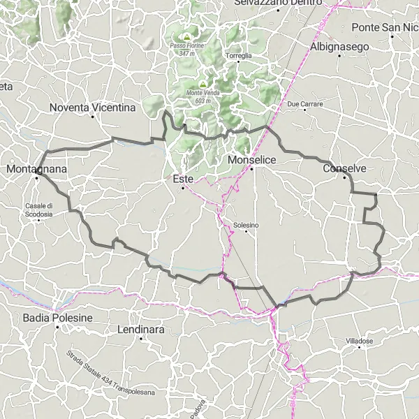 Map miniature of "The Venetian Countryside" cycling inspiration in Veneto, Italy. Generated by Tarmacs.app cycling route planner