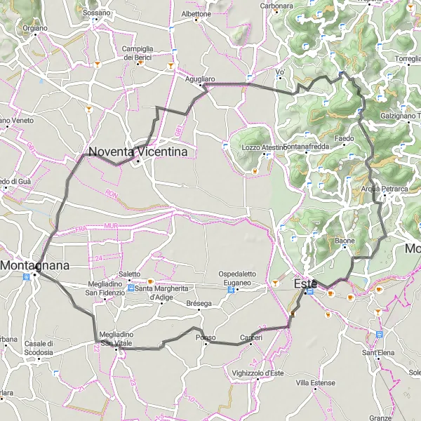 Karttaminiaatyyri "Historiallinen pyöräilyretki Montagnanas" pyöräilyinspiraatiosta alueella Veneto, Italy. Luotu Tarmacs.app pyöräilyreittisuunnittelijalla