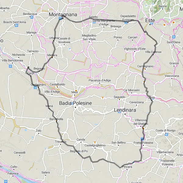 Map miniature of "Explore the Countryside: Montagnana to Begosso" cycling inspiration in Veneto, Italy. Generated by Tarmacs.app cycling route planner