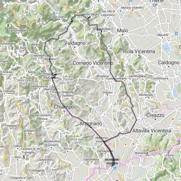 Map miniature of "Monte Parnese Challenge & Majestic Mountains" cycling inspiration in Veneto, Italy. Generated by Tarmacs.app cycling route planner