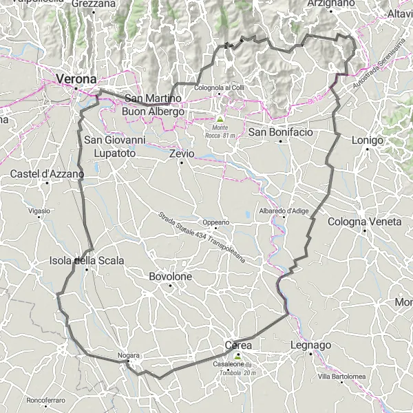 Map miniature of "Montebello Vicentino Circular Road Route" cycling inspiration in Veneto, Italy. Generated by Tarmacs.app cycling route planner