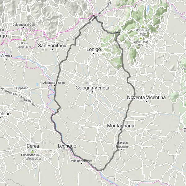 Miniatuurkaart van de fietsinspiratie "Uitdagende roadtrip van Grancona naar Legnago" in Veneto, Italy. Gemaakt door de Tarmacs.app fietsrouteplanner