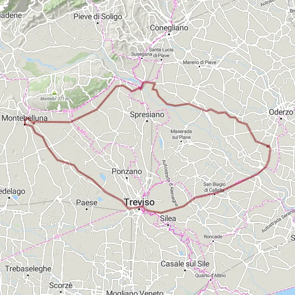 Mapa miniatúra "Trasa cez Nervesa della Battaglia, Ponte di Piave a Musano" cyklistická inšpirácia v Veneto, Italy. Vygenerované cyklistickým plánovačom trás Tarmacs.app