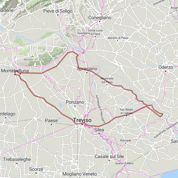 Mapa miniatúra "Trasa cez Montebelluna, Spresiano, Treviso" cyklistická inšpirácia v Veneto, Italy. Vygenerované cyklistickým plánovačom trás Tarmacs.app