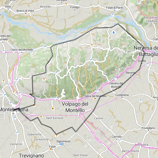 Zemljevid v pomanjšavi "Kolesarska pot okoli Montebellune - 40 km" kolesarske inspiracije v Veneto, Italy. Generirano z načrtovalcem kolesarskih poti Tarmacs.app