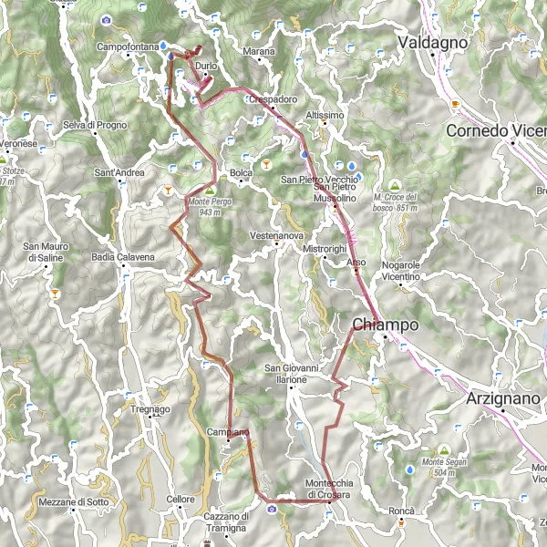 Kartminiatyr av "Grusvei til Monte Bastia" sykkelinspirasjon i Veneto, Italy. Generert av Tarmacs.app sykkelrutoplanlegger