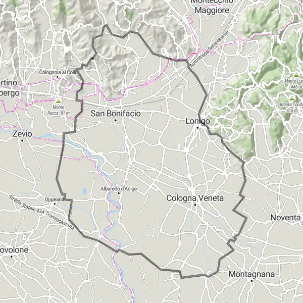 Mapa miniatúra "Trasa okolo Montecchia di Crosara s náročnými stúpaniami" cyklistická inšpirácia v Veneto, Italy. Vygenerované cyklistickým plánovačom trás Tarmacs.app