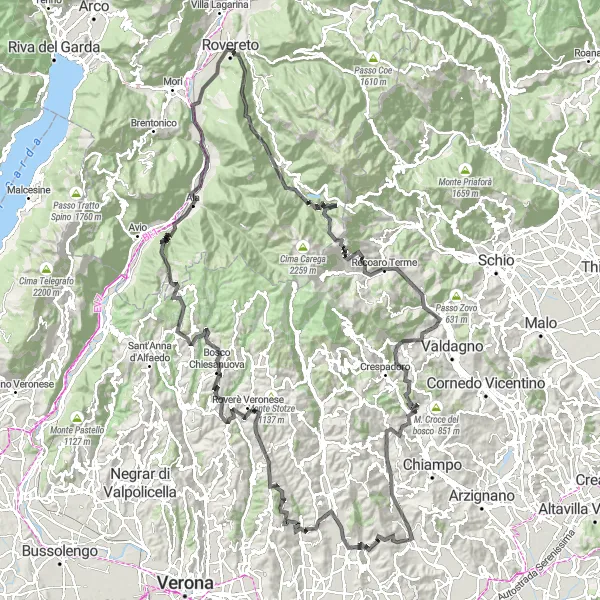 Miniaturní mapa "Náročná okružní cyklistická trasa kolem Montecchia di Crosara" inspirace pro cyklisty v oblasti Veneto, Italy. Vytvořeno pomocí plánovače tras Tarmacs.app
