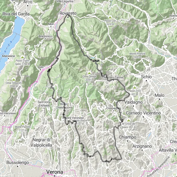 Map miniature of "The Montecchia-Monte Bastia Challenge" cycling inspiration in Veneto, Italy. Generated by Tarmacs.app cycling route planner