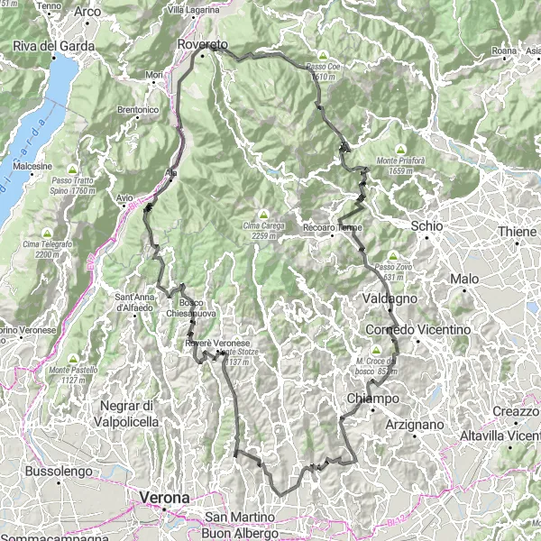Karttaminiaatyyri "Montecchia di Crosara - Valli del Pasubio Epic Road Cycling Route" pyöräilyinspiraatiosta alueella Veneto, Italy. Luotu Tarmacs.app pyöräilyreittisuunnittelijalla