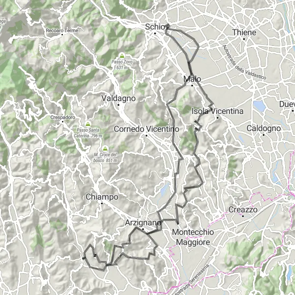 Map miniature of "The Hills of Montecchia" cycling inspiration in Veneto, Italy. Generated by Tarmacs.app cycling route planner