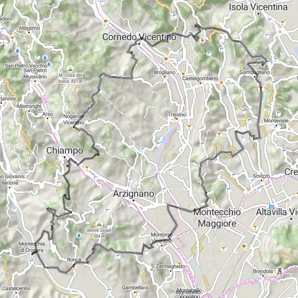 Kartminiatyr av "Montecchia di Crosara til Monte Duello via Chiampo" sykkelinspirasjon i Veneto, Italy. Generert av Tarmacs.app sykkelrutoplanlegger