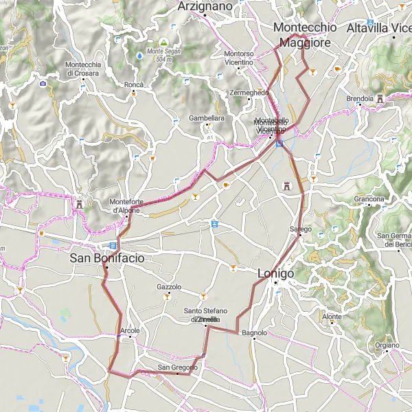Karttaminiaatyyri "Montecchio Maggiore - Alte Ceccato Gravel Cycling Route" pyöräilyinspiraatiosta alueella Veneto, Italy. Luotu Tarmacs.app pyöräilyreittisuunnittelijalla