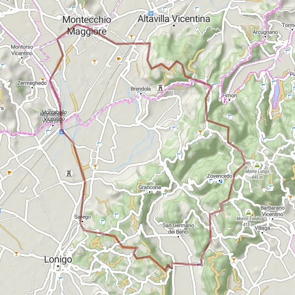 Miniatuurkaart van de fietsinspiratie "Monte Castellaro en Sarego Verkenningstocht" in Veneto, Italy. Gemaakt door de Tarmacs.app fietsrouteplanner