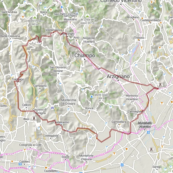 Miniatuurkaart van de fietsinspiratie "Gravel Fietsroute door de Wijngaarden van Veneto" in Veneto, Italy. Gemaakt door de Tarmacs.app fietsrouteplanner