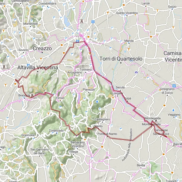 Miniatura della mappa di ispirazione al ciclismo "Tour in gravel tra Montecchio Maggiore e Vicenza" nella regione di Veneto, Italy. Generata da Tarmacs.app, pianificatore di rotte ciclistiche