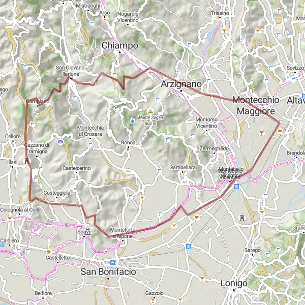 Map miniature of "Challenging Gravel Climb to Montebello Vicentino" cycling inspiration in Veneto, Italy. Generated by Tarmacs.app cycling route planner