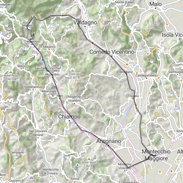 Miniatuurkaart van de fietsinspiratie "Avontuurlijke route door de bergen" in Veneto, Italy. Gemaakt door de Tarmacs.app fietsrouteplanner