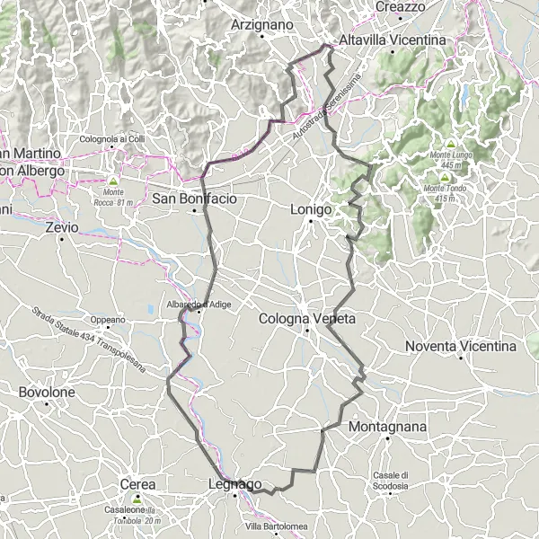 Miniaturní mapa "117 km silniční cyklotrasa kolem Montecchio Maggiore-Alte Ceccato" inspirace pro cyklisty v oblasti Veneto, Italy. Vytvořeno pomocí plánovače tras Tarmacs.app