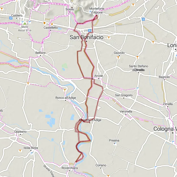 Miniatua del mapa de inspiración ciclista "Descubrimiento en gravilla cerca de Monteforte d'Alpone" en Veneto, Italy. Generado por Tarmacs.app planificador de rutas ciclistas
