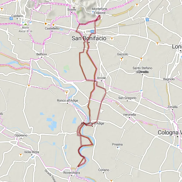 Miniature de la carte de l'inspiration cycliste "Parcours à travers la campagne verdoyante" dans la Veneto, Italy. Générée par le planificateur d'itinéraire cycliste Tarmacs.app