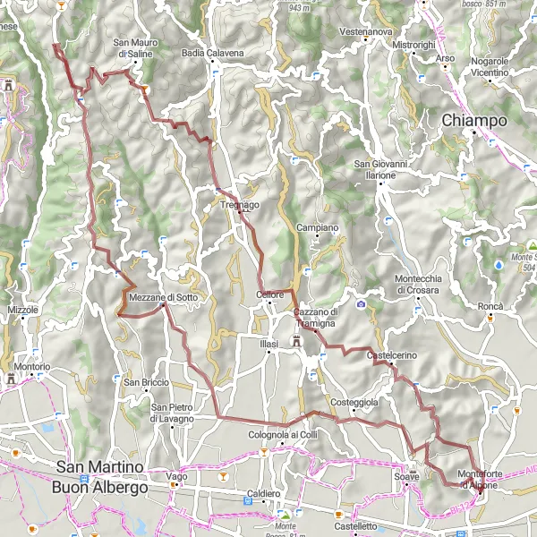 Miniatuurkaart van de fietsinspiratie "Avontuurlijke gravelrit naar La Cuca" in Veneto, Italy. Gemaakt door de Tarmacs.app fietsrouteplanner