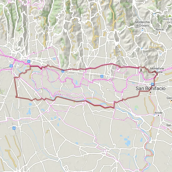 Map miniature of "Gravel Route through San Bonifacio and Monteforte d'Alpone" cycling inspiration in Veneto, Italy. Generated by Tarmacs.app cycling route planner