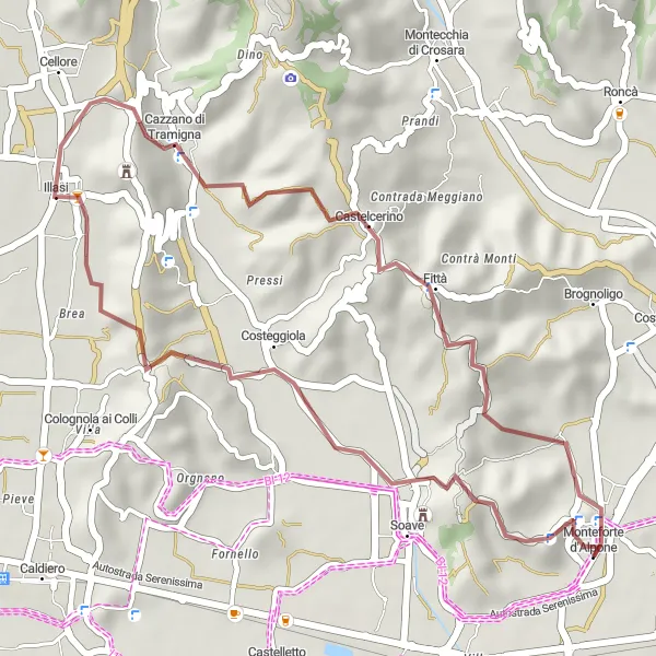 Map miniature of "Short Gravel Loop Around Monteforte d'Alpone" cycling inspiration in Veneto, Italy. Generated by Tarmacs.app cycling route planner