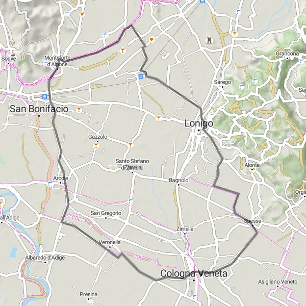 Karttaminiaatyyri "Monteforte d'Alpone - Arcole" pyöräilyinspiraatiosta alueella Veneto, Italy. Luotu Tarmacs.app pyöräilyreittisuunnittelijalla
