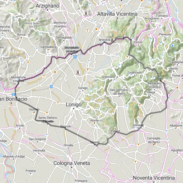 Map miniature of "Monteforte d'Alpone to San Bonifacio Loop" cycling inspiration in Veneto, Italy. Generated by Tarmacs.app cycling route planner