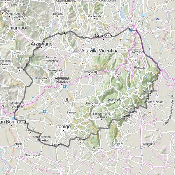 Karten-Miniaturansicht der Radinspiration "Abenteuerliche Fahrt durch die Hügel von Monteforte d'Alpone" in Veneto, Italy. Erstellt vom Tarmacs.app-Routenplaner für Radtouren