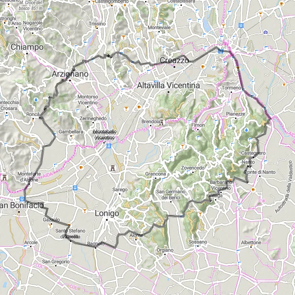 Miniatuurkaart van de fietsinspiratie "Uitdagende Fietsroute naar San Bonifacio" in Veneto, Italy. Gemaakt door de Tarmacs.app fietsrouteplanner