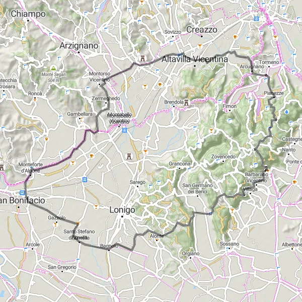 Zemljevid v pomanjšavi "Kolesarska tura po cestah okoli Monteforte d'Alpone" kolesarske inspiracije v Veneto, Italy. Generirano z načrtovalcem kolesarskih poti Tarmacs.app