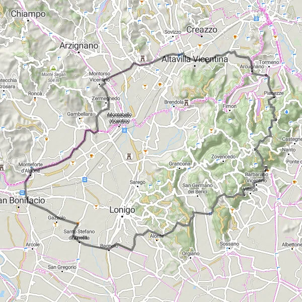 Map miniature of "The Vineyards of Monteforte d'Alpone" cycling inspiration in Veneto, Italy. Generated by Tarmacs.app cycling route planner