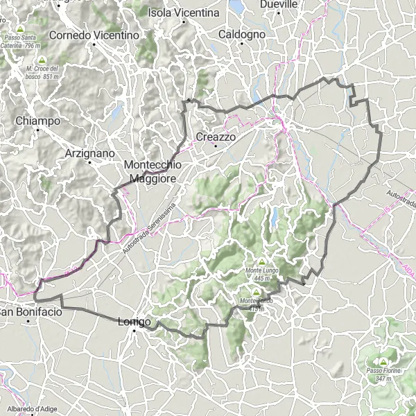 Kartminiatyr av "Långvägscykel runt Monteforte d'Alpone" cykelinspiration i Veneto, Italy. Genererad av Tarmacs.app cykelruttplanerare