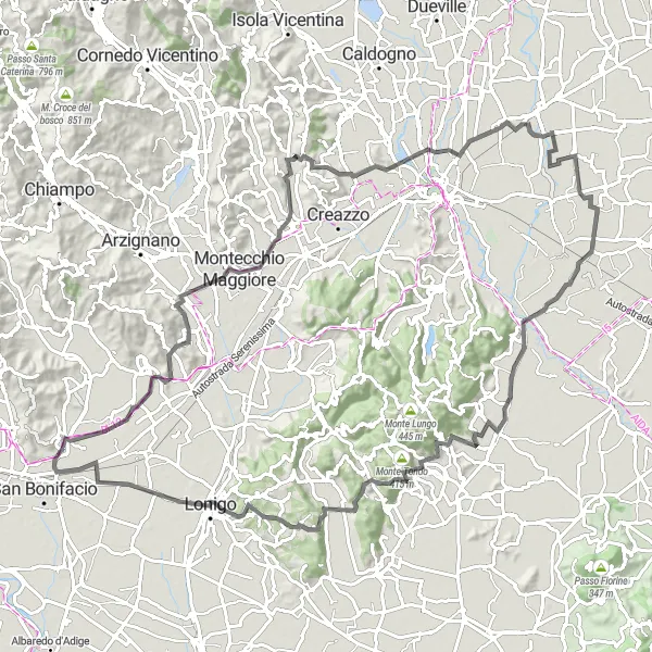 Miniatuurkaart van de fietsinspiratie "Monteforte d'Alpone naar Lonigo Fietsroute" in Veneto, Italy. Gemaakt door de Tarmacs.app fietsrouteplanner