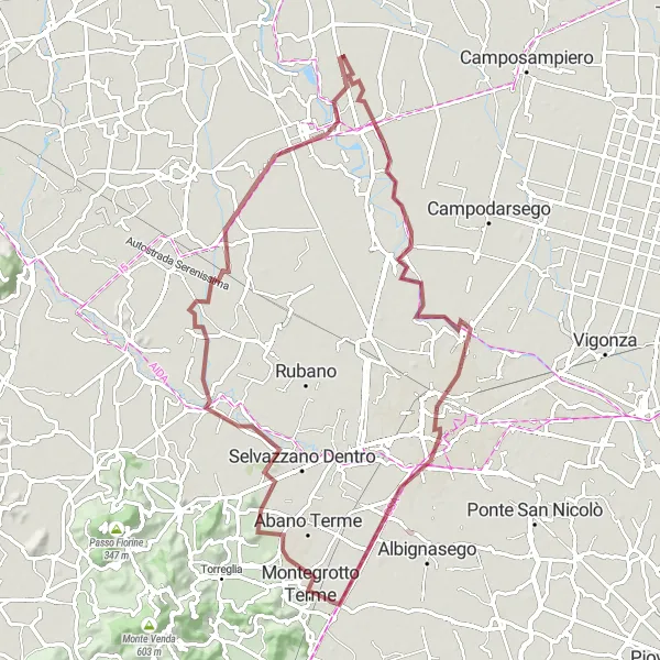 Miniatura della mappa di ispirazione al ciclismo "Giro in Gravel attraverso le colline circostanti a Montegrotto Terme" nella regione di Veneto, Italy. Generata da Tarmacs.app, pianificatore di rotte ciclistiche