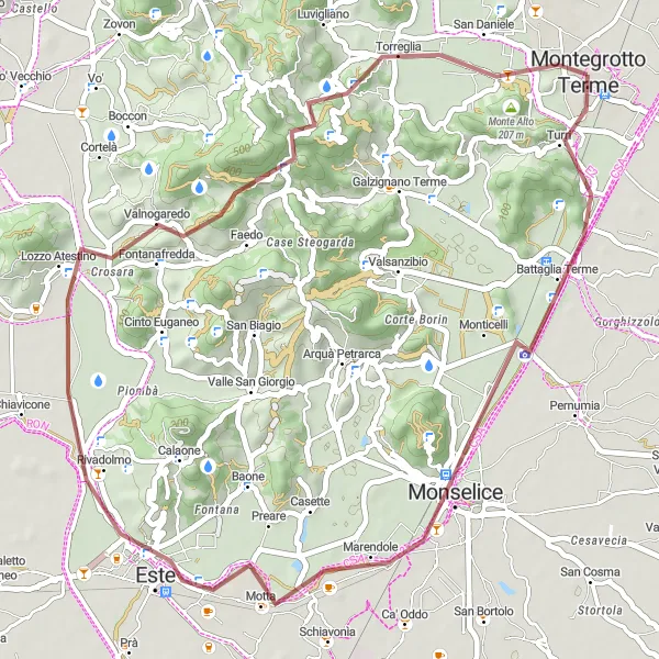 Miniatura della mappa di ispirazione al ciclismo "Percorso ciclabile sterrato da Montegrotto Terme a Butterfly Arc" nella regione di Veneto, Italy. Generata da Tarmacs.app, pianificatore di rotte ciclistiche