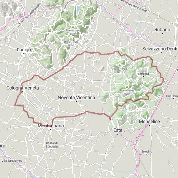 Zemljevid v pomanjšavi "100 km Gravel Cycling Tour near Montegrotto Terme" kolesarske inspiracije v Veneto, Italy. Generirano z načrtovalcem kolesarskih poti Tarmacs.app