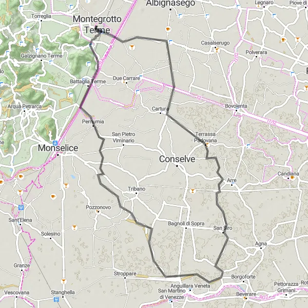 Miniaturní mapa "Pěkný okruh kolem Montegrotto Terme - Maserà di Padova - Arre - Pernumia - Montenuovo - Montegrotto Terme" inspirace pro cyklisty v oblasti Veneto, Italy. Vytvořeno pomocí plánovače tras Tarmacs.app