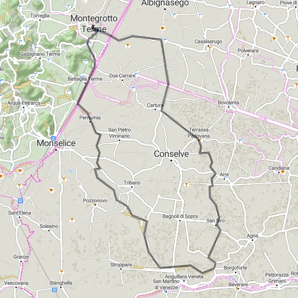 Miniatura della mappa di ispirazione al ciclismo "Itinerario su strada tra Montegrotto Terme e Montenuovo" nella regione di Veneto, Italy. Generata da Tarmacs.app, pianificatore di rotte ciclistiche