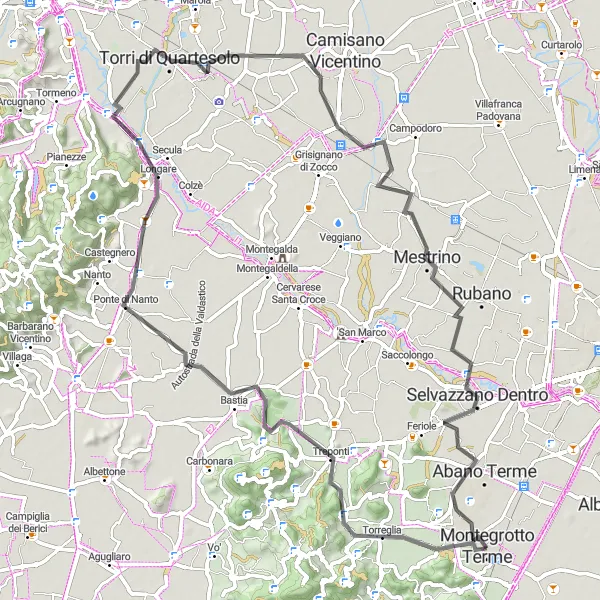 Zemljevid v pomanjšavi "Pot ob vznožju Veneta" kolesarske inspiracije v Veneto, Italy. Generirano z načrtovalcem kolesarskih poti Tarmacs.app