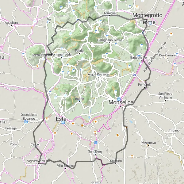 Map miniature of "The Grand Veneto Tour: Exploring Hilltop Villages and Challenging Climbs" cycling inspiration in Veneto, Italy. Generated by Tarmacs.app cycling route planner